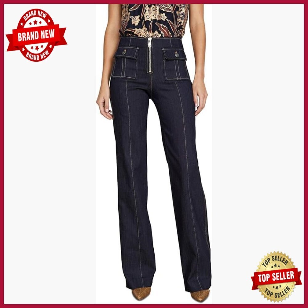 High Rise Wide Leg Jeans, Cotton Blend Stretch, Exposed Zipper Pockets